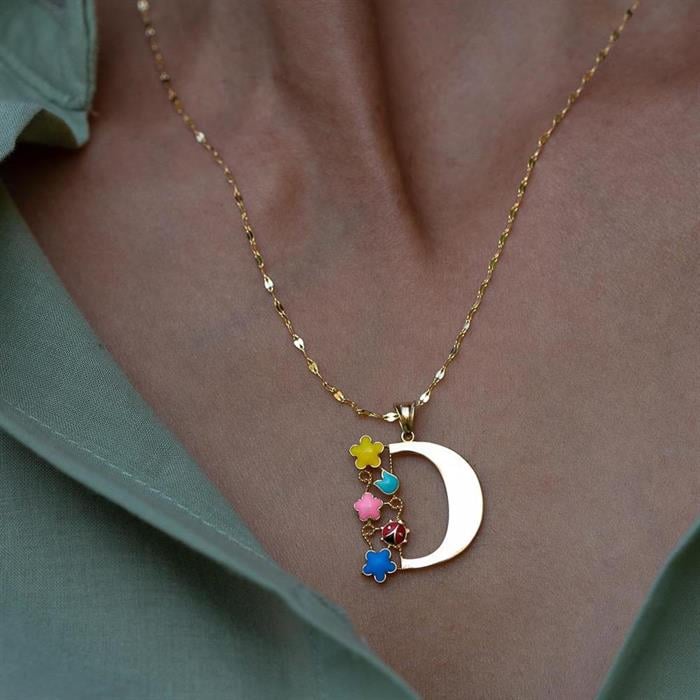 14K Solid Gold Half Plate Floral Garden of Eden Letter D Necklace