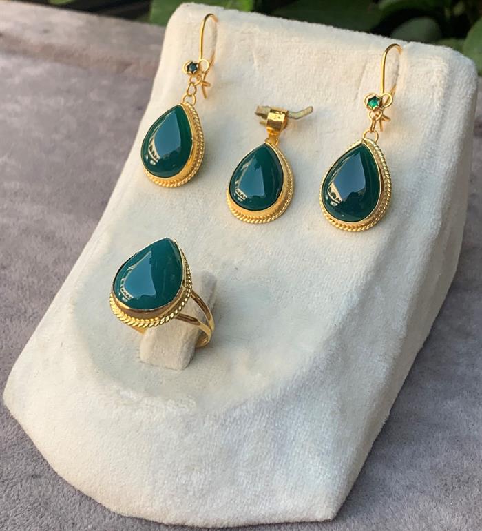 14 Ayar Altın Damla Model Yeşil Akik Set