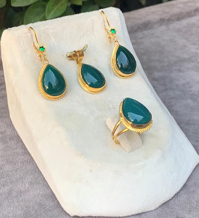 14 Ayar Altın Damla Model Yeşil Akik Set