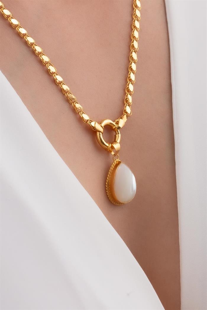 14K Solid Gold Drop Mother of Pearl Sailor Lock Sequin Aleppo Necklace