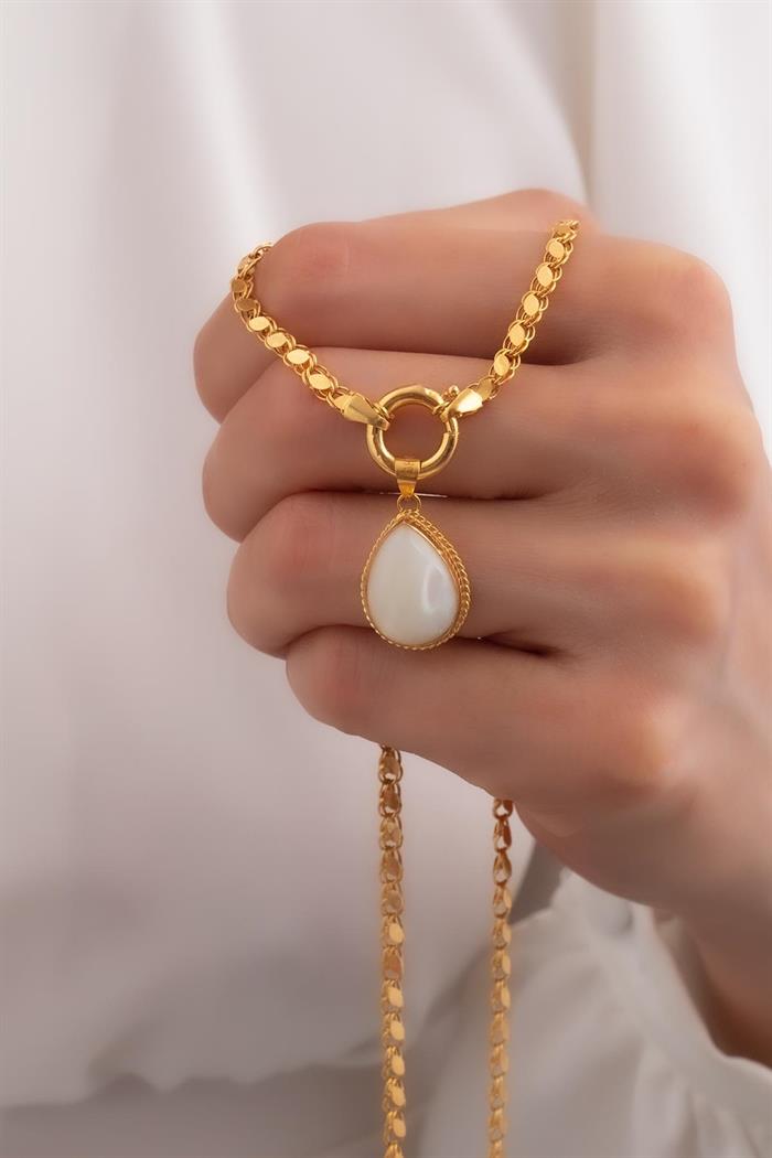 14K Solid Gold Drop Mother of Pearl Sailor Lock Sequin Aleppo Necklace