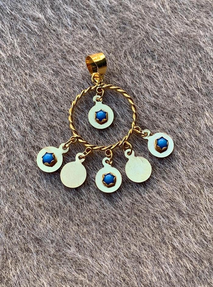14K Solid Gold Turquoise Beaded Handcrafted Sequin Ring Pendant