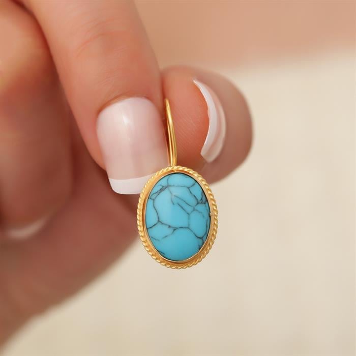 14 Ayar Altın Firuze Taşlı Meftüllü Oval Küpe