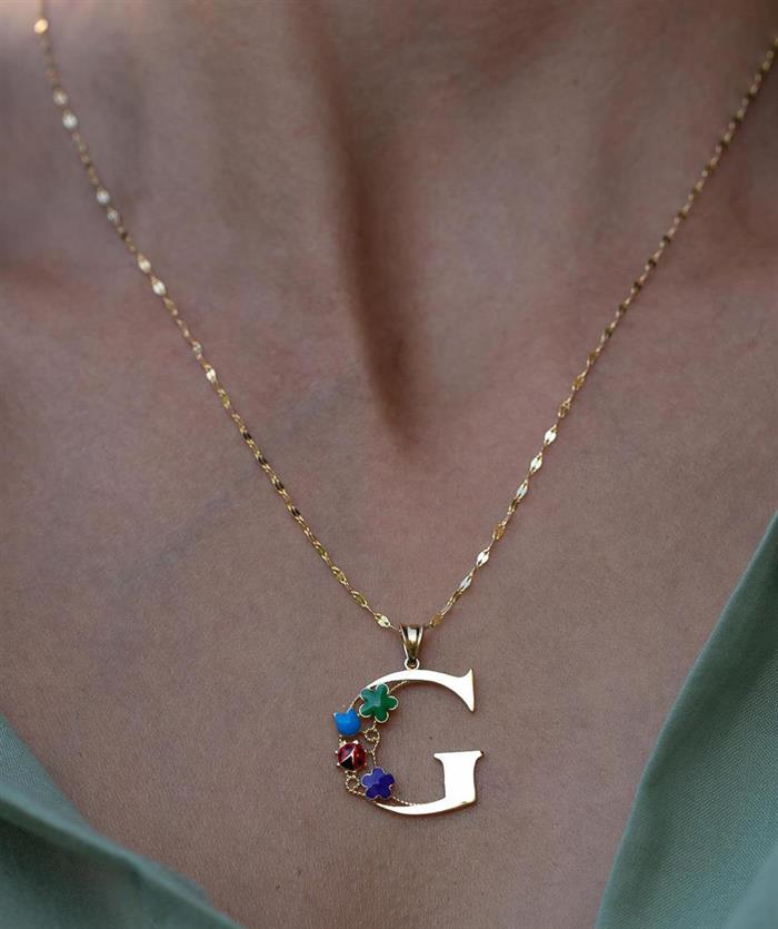 14K Solid Gold Half Plate Floral Garden of Eden Letter G Necklace