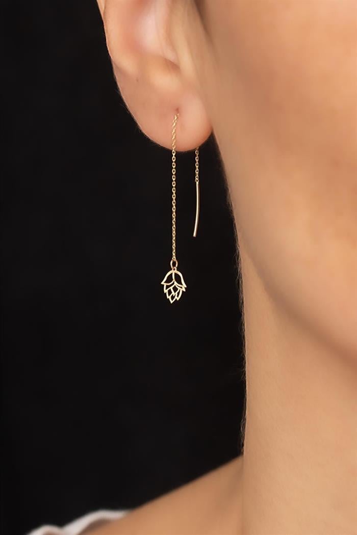 14K Solid Gold Rose Leaf Chain Earrings