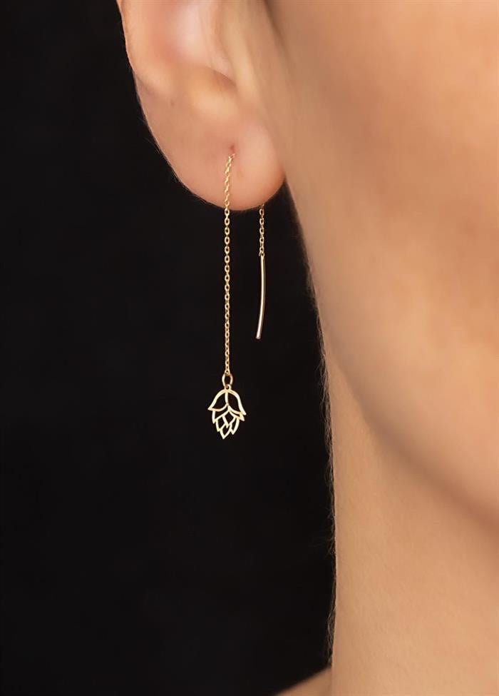 14K Solid Gold Rose Leaf Chain Earrings