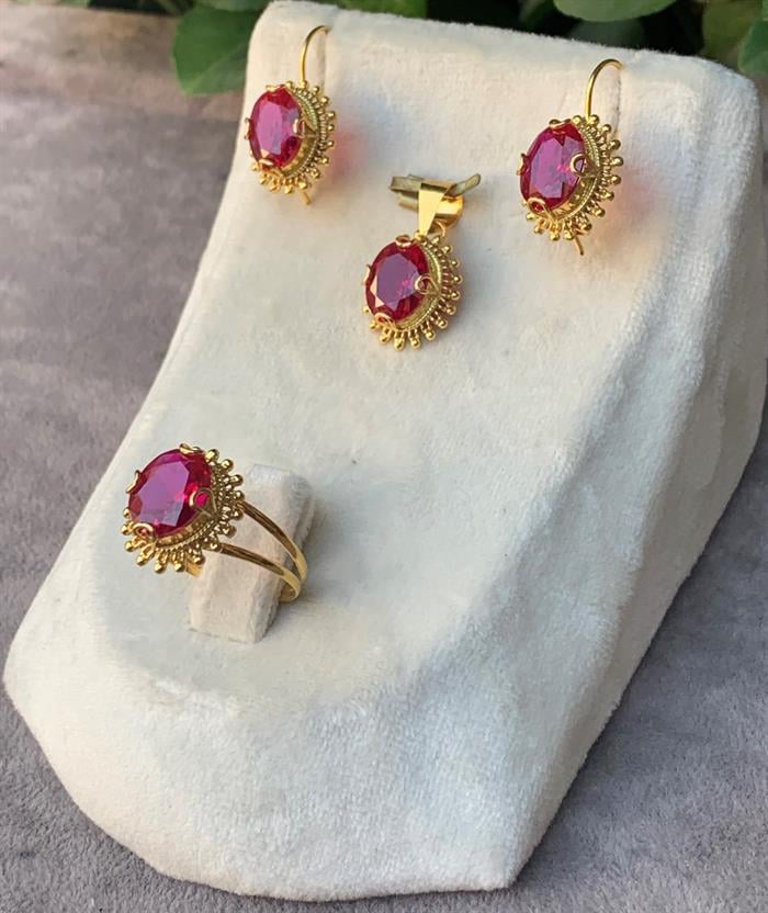 14 Ayar Altın Güneşli Model Kırmızı Yakut Set