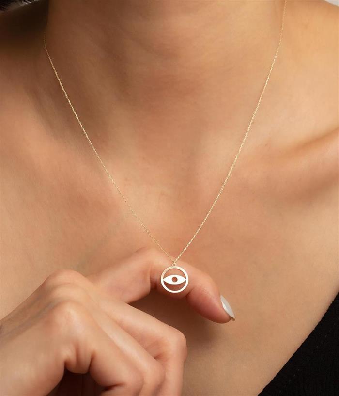 14K Solid Gold Ring Eye Necklace
