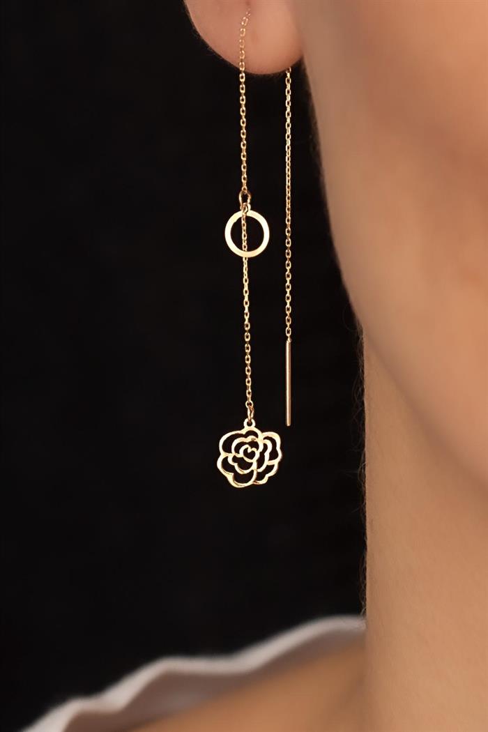 14K Solid Gold Hoop Rose Pattern Chain Earrings