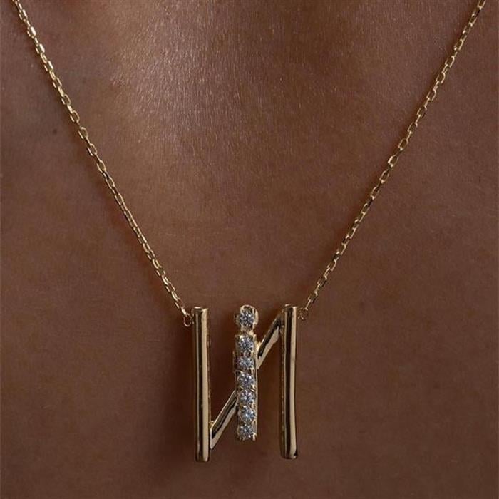 14K Solid Gold Stone Lamelle I Letter Necklace