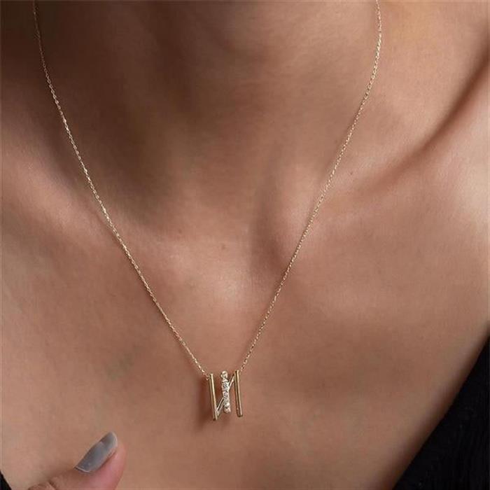 14K Solid Gold Stone Lamelle I Letter Necklace
