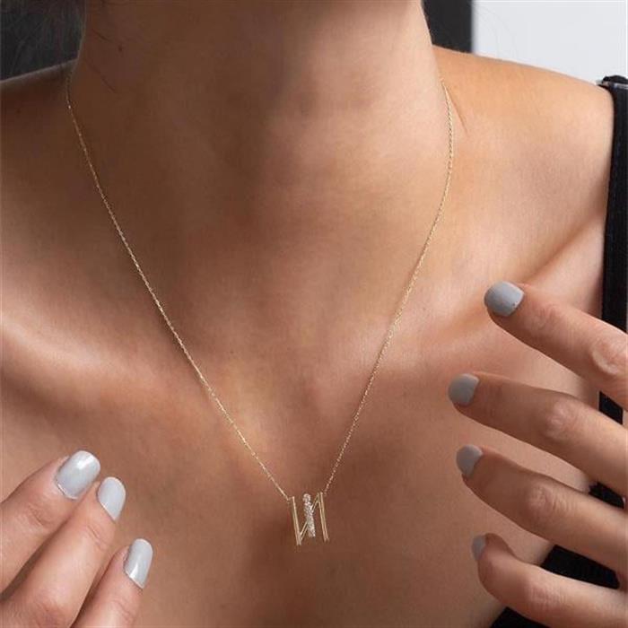 14K Solid Gold Stone Lamelle I Letter Necklace