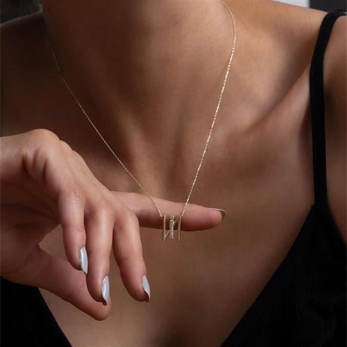 14K Solid Gold Stone Lamelle I Letter Necklace