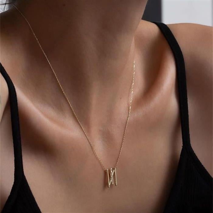 14K Solid Gold Stone Lamelle I Letter Necklace