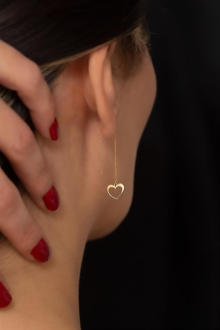 14K Solid Gold Hollow Heart Chain Earrings