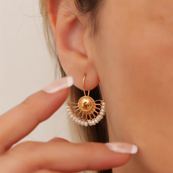 14K Solid Gold Pearl Fan Earrings