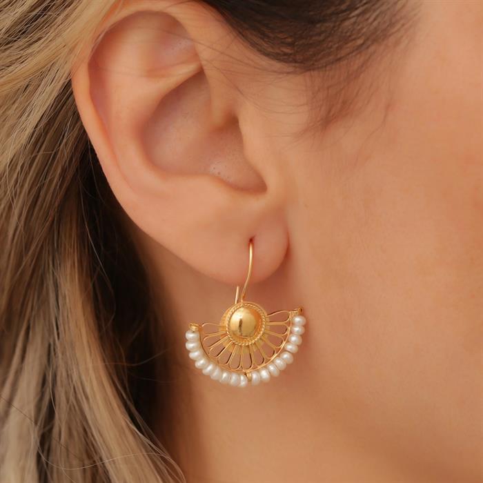 14K Solid Gold Pearl Fan Earrings
