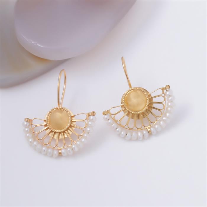 14K Solid Gold Pearl Fan Earrings
