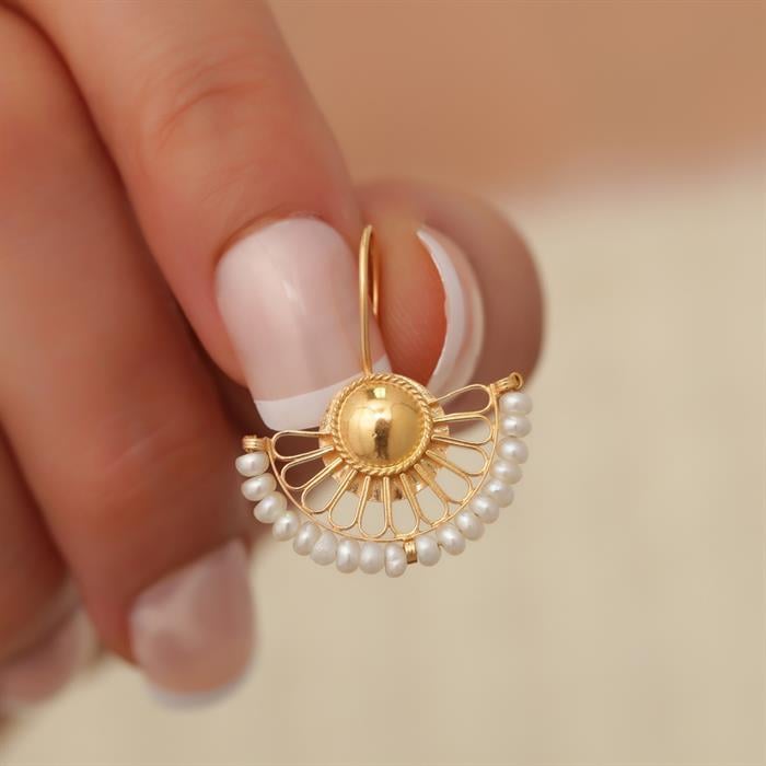 14K Solid Gold Pearl Fan Earrings