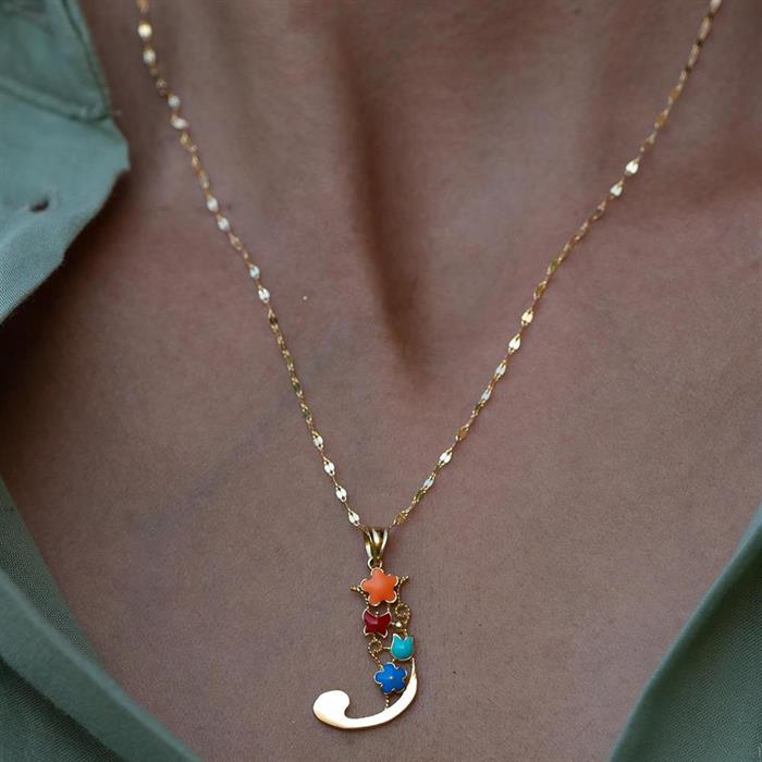 14K Solid Gold Half Plate Floral Garden of Eden Letter J Necklace