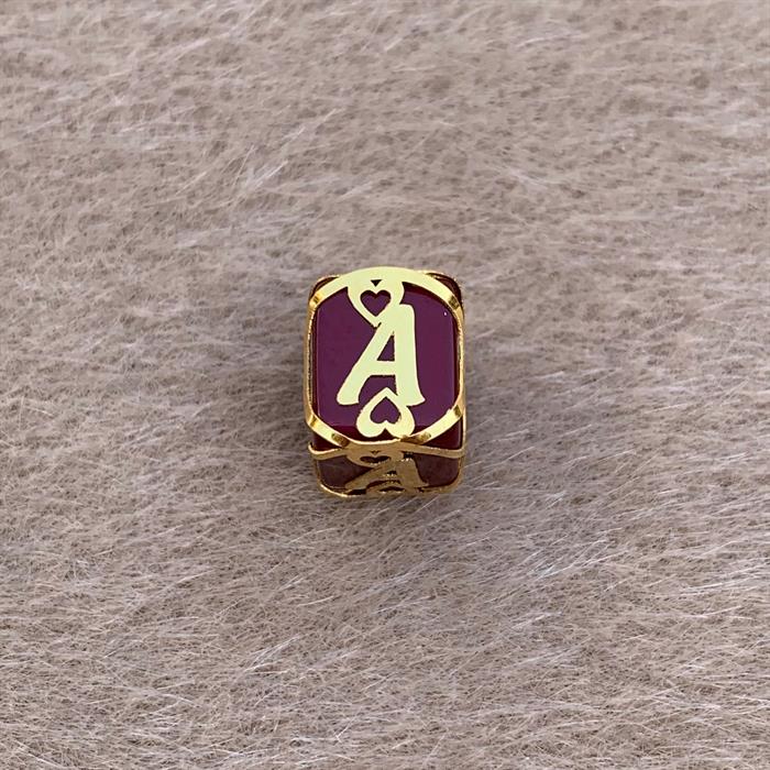 14K Solid Gold Caged Burgundy Bead Letter A Pendant