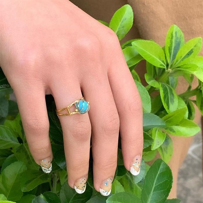 14K Solid Gold Caged Turquoise Ring