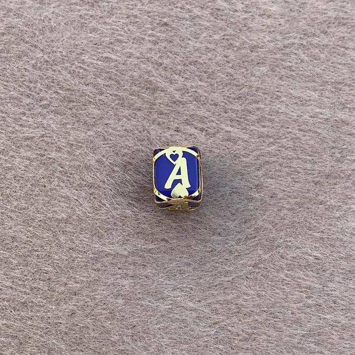 14K Solid Gold Caged Dark Blue Bead Letter A Pendant