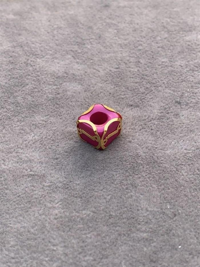 14K Solid Gold Caged Pink Bead I Letter Pendant