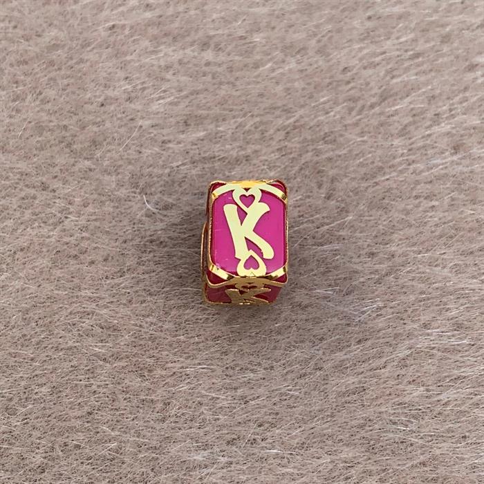 14 Ayar Altın Kafesli Pembe Boncuk K Harf Kolye Ucu