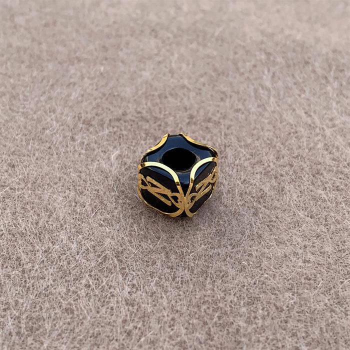 14K Solid Gold Caged Black Bead N Letter Pendant