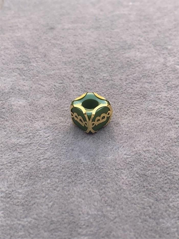 14K Solid Gold Caged Green Bead Letter B Pendant