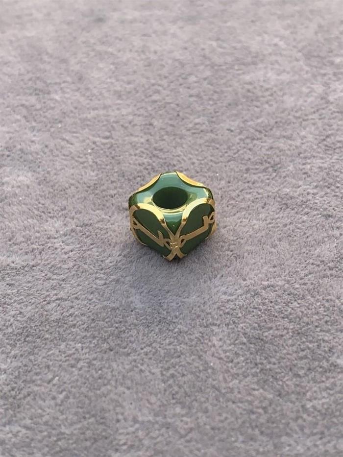 14K Solid Gold Caged Green Bead L Letter Pendant