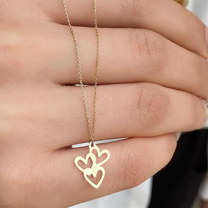 14K Solid Gold Hearts Circle Necklace