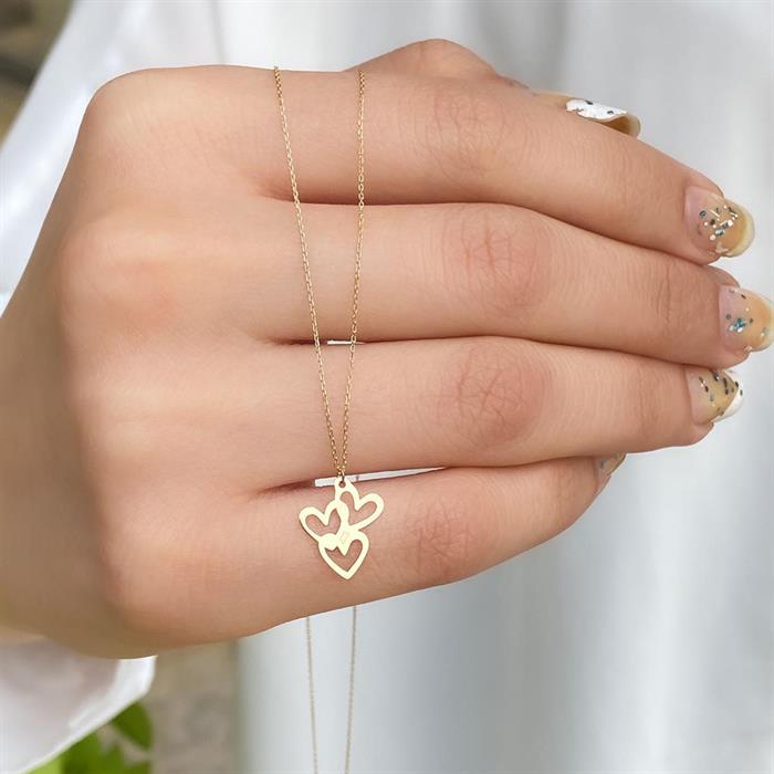 14K Solid Gold Hearts Circle Necklace