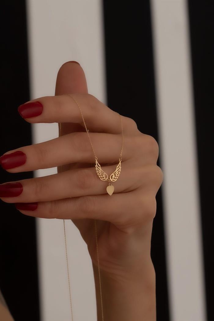 14K Solid Gold Heart Angel Wing Feriha Necklace