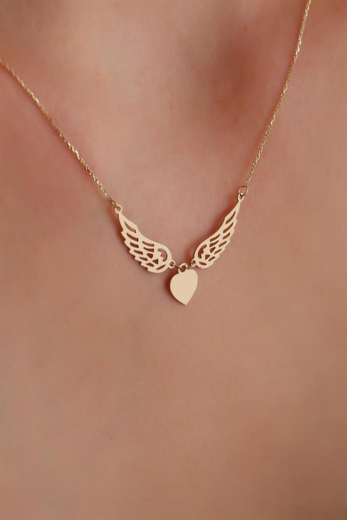 14K Solid Gold Heart Angel Wing Feriha Necklace