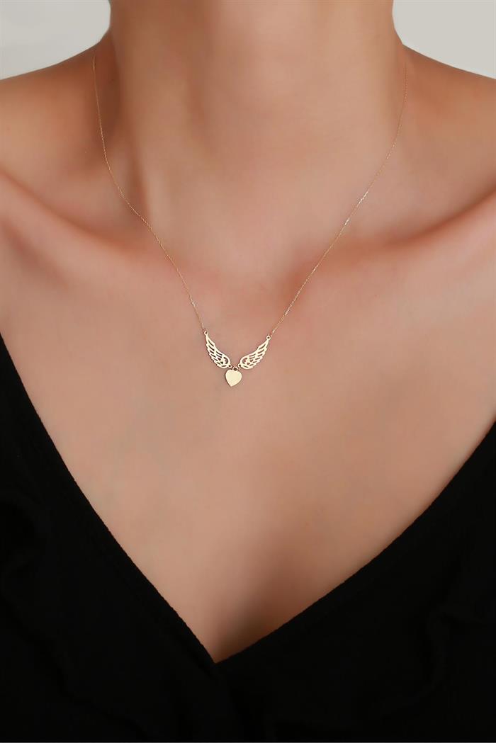 14K Solid Gold Heart Angel Wing Feriha Necklace