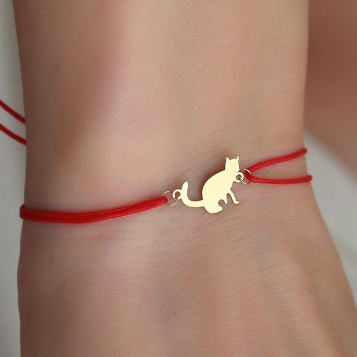 Red String Bracelet with 14K Solid Gold Cat