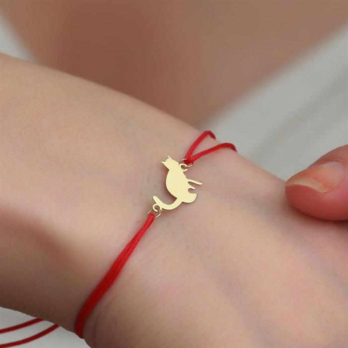 Red String Bracelet with 14K Solid Gold Cat