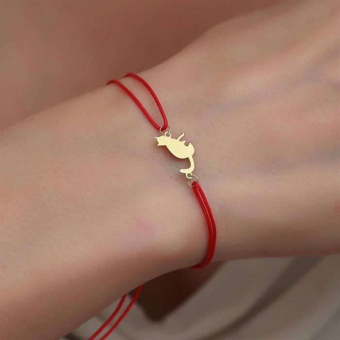 Red String Bracelet with 14K Solid Gold Cat