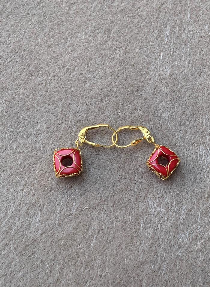 14K Solid Gold Red Beaded Caged Earrings