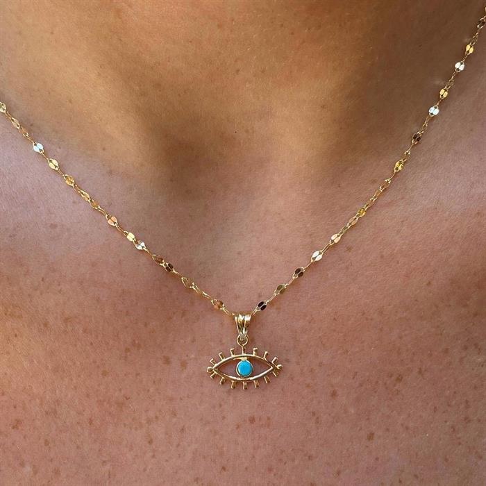 14K Solid Gold Eyelashes and Turquoise Eyes Italian Mirror Necklace
