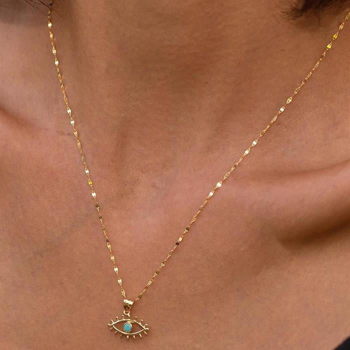 14K Solid Gold Eyelashes and Turquoise Eyes Italian Mirror Necklace