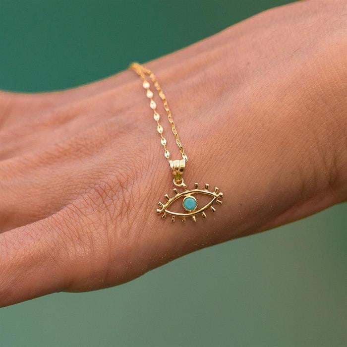 14K Solid Gold Eyelashes and Turquoise Eyes Italian Mirror Necklace