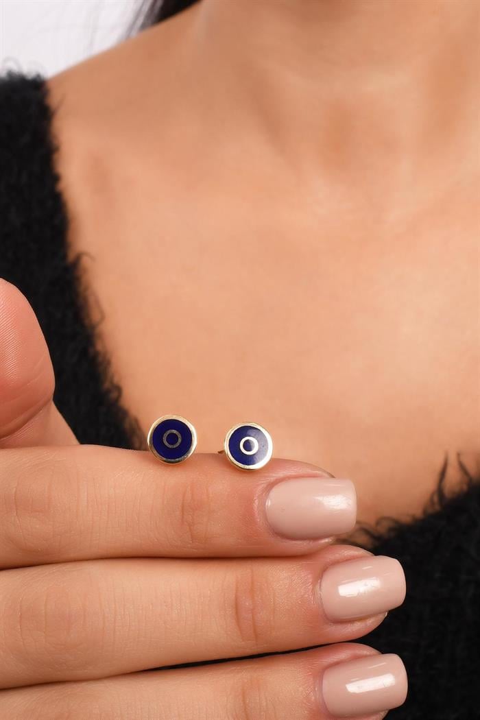  14K Solid Gold Dark Blue Enamel Round Earrings