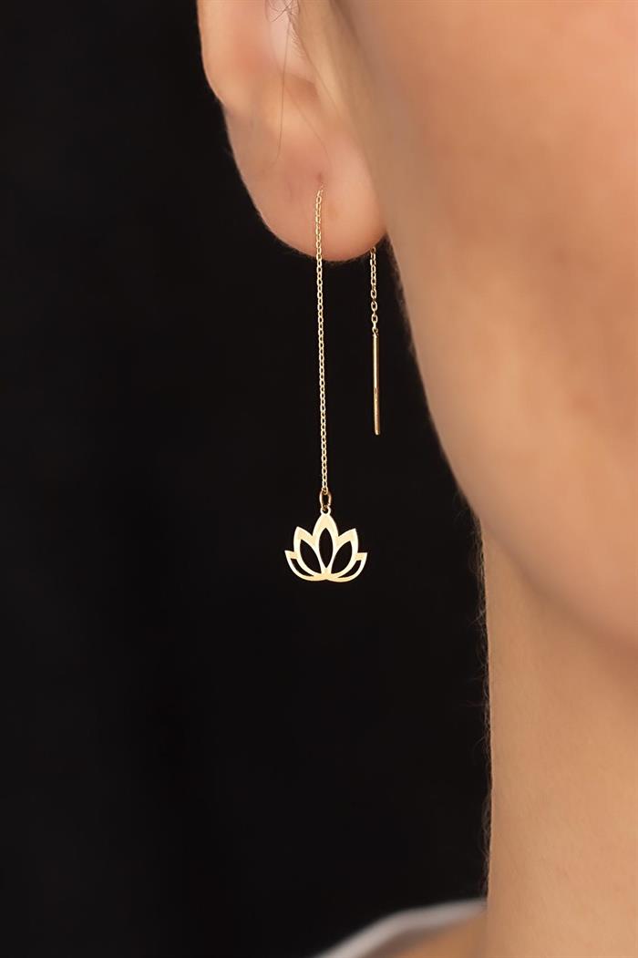 14K Solid Gold Lotus Chain Earrings