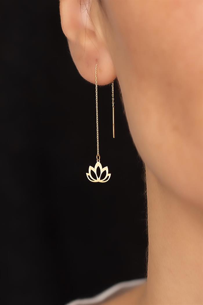 14K Solid Gold Lotus Chain Earrings