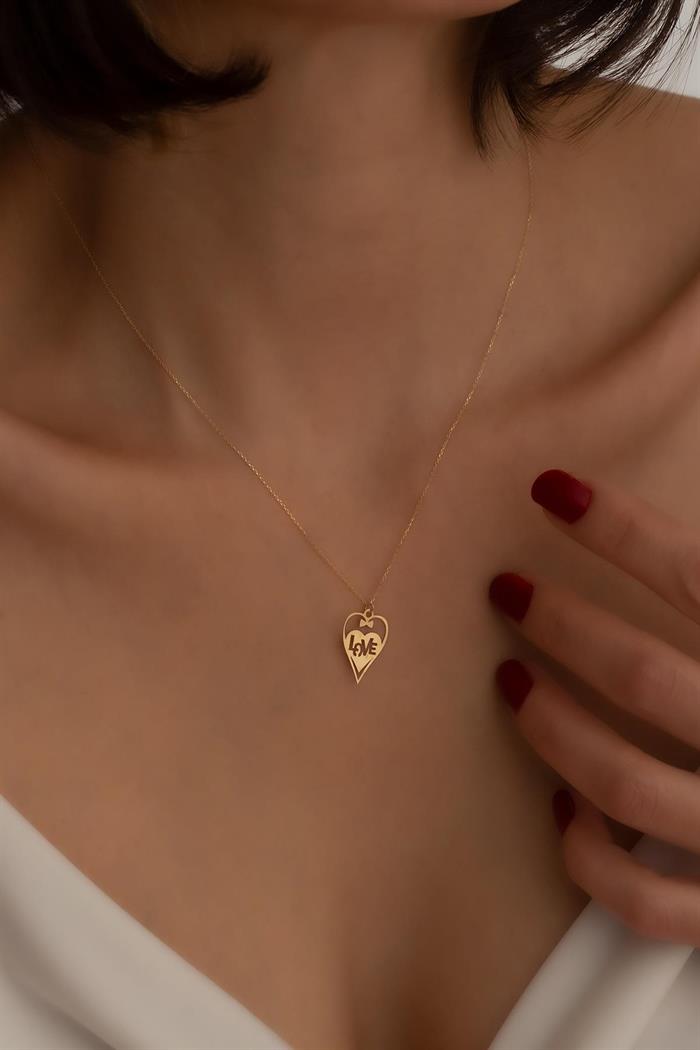 14K Solid Gold Love Bow Heart Necklace