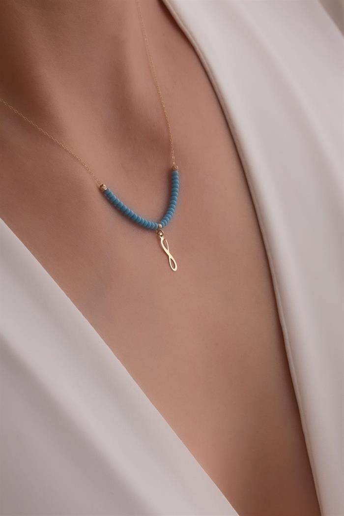 14K Solid Gold Blue Beaded Infinity Necklace