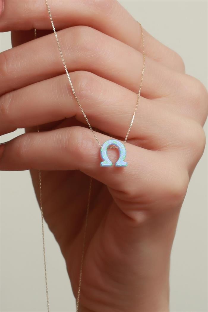 14 Ayar Altın Mavi Opal Taşlı Nal Kolye